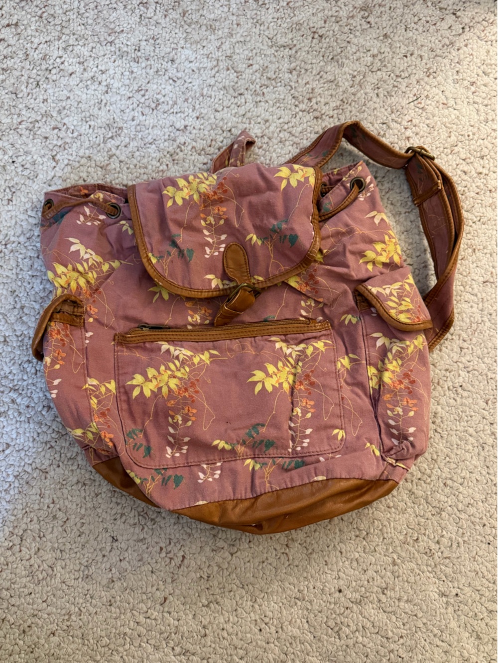 Kimchi Blue Pink Floral Canvas Backpack with Brown Leather Trim - Picture 2 of 5